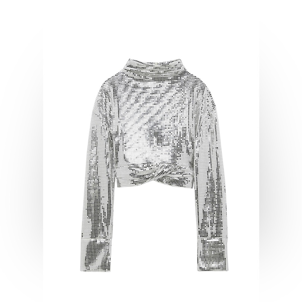 NWT- Zara Silver Sequin Draped Bell Sleeve Top - XL